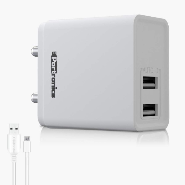Portronics Adapto 648, 2.4A Quick Charging Dual USB Port Wall Adapter with 1M Micro-USB Charging Cable